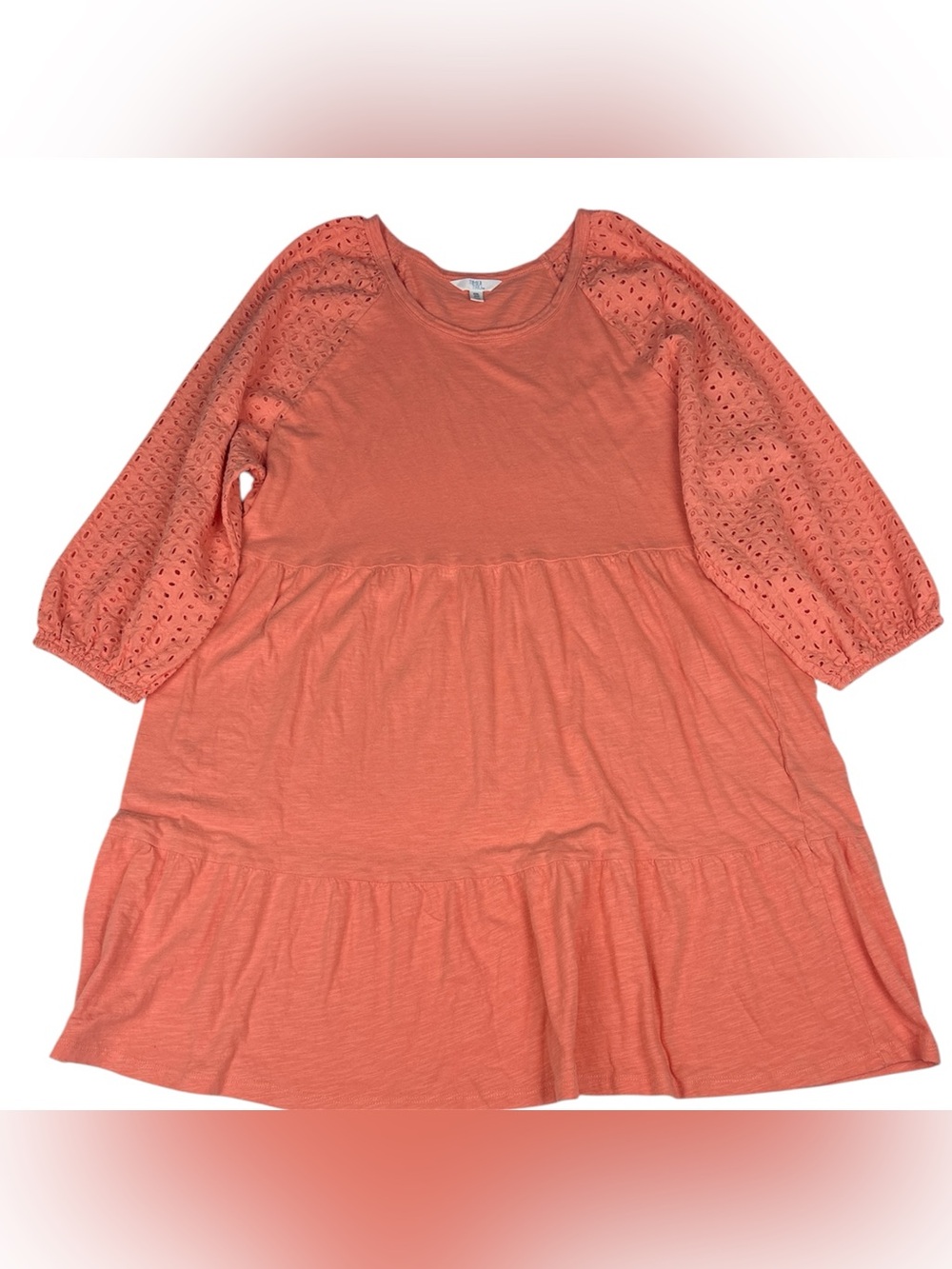 Time and Tru Wome XXL 20 Dress Peach Tiered Eyelet 3/4 Sleeve Knee Length Boho